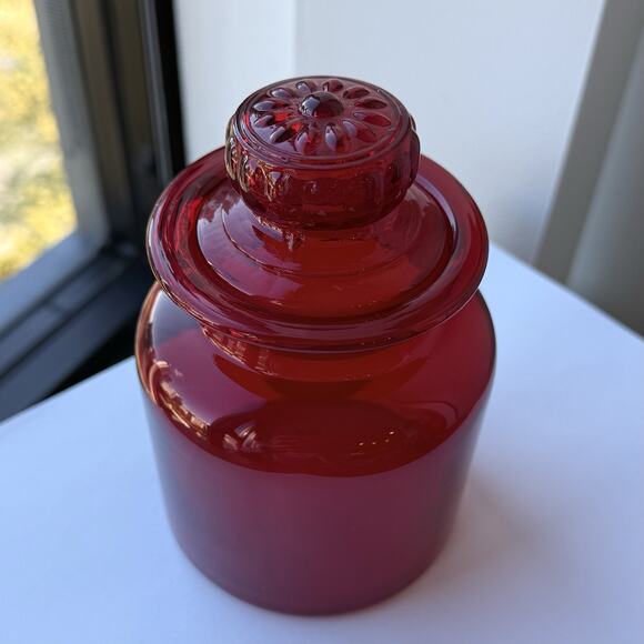 Takahashi Japan Red Glass Apothecary Canister Jar Daisy Lid 6" x 3 3/4" MCM - Picture 2 of 9